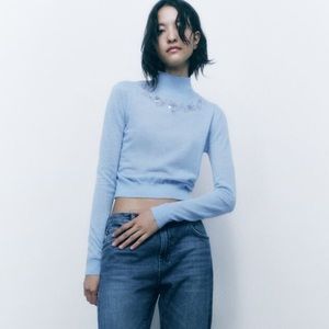 Zara Alpaca wool blend knit beaded high neck long sleeve blue sweater sz.XL